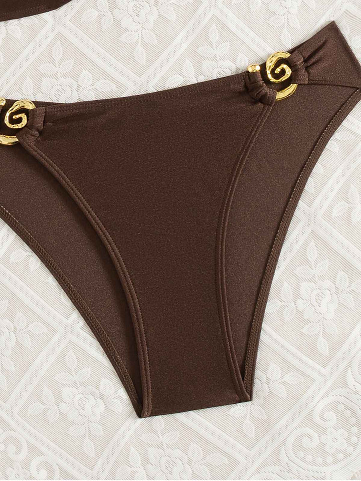 Brown 1950s Golden Ring Halter Bikini Set - vintage fashion, retro style, glamorous gold