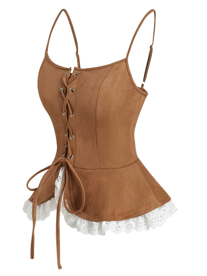 Brown 1950s Lace-up Suede Lace Corset Top - vintage fashion, retro style