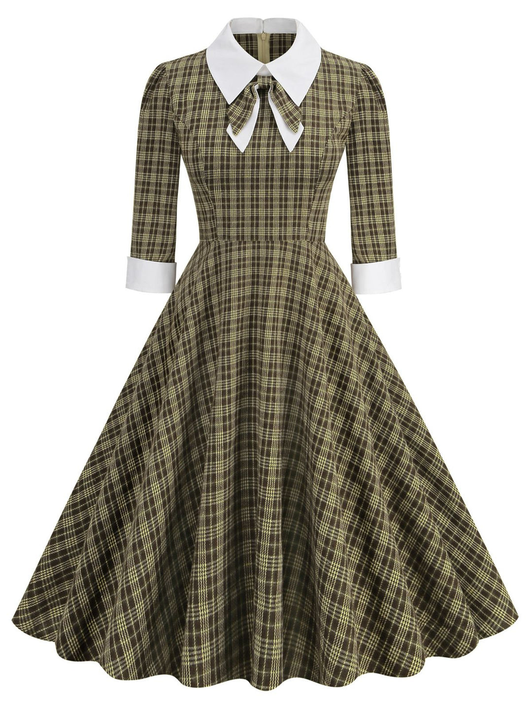 She slips into this Brown 1950s Lapel Bow Decor Plaids Dress and suddenly it&