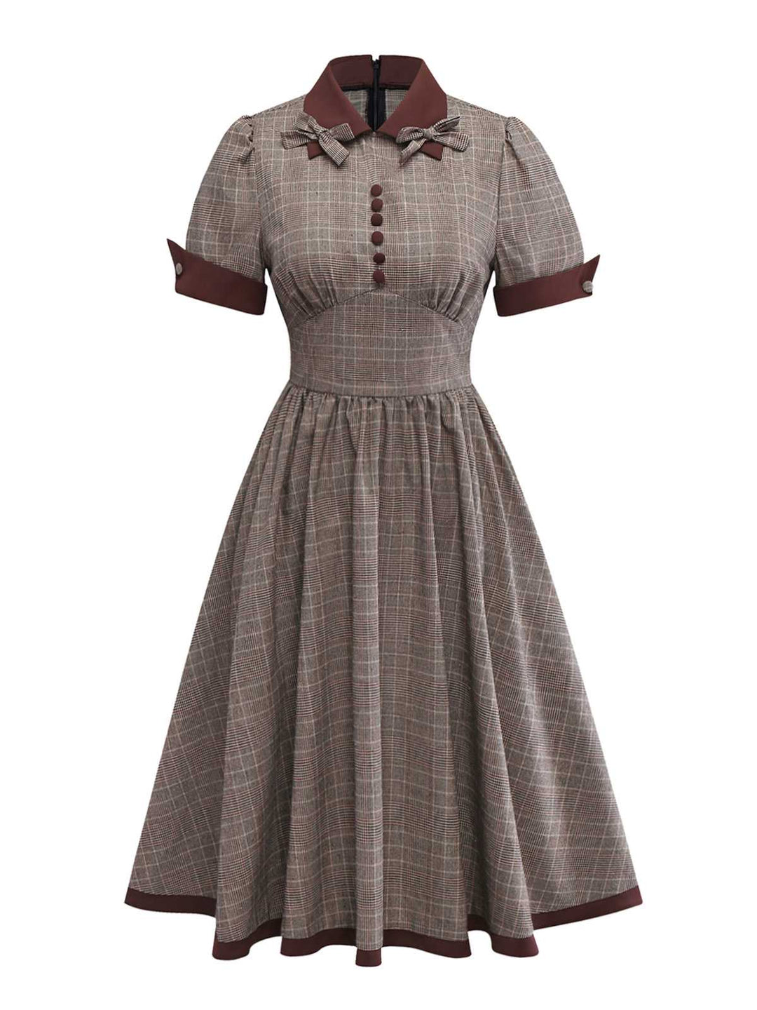 Brown 1950s Lapel Plaid Bow Dress - vintage dress, retro fashion, rockabilly