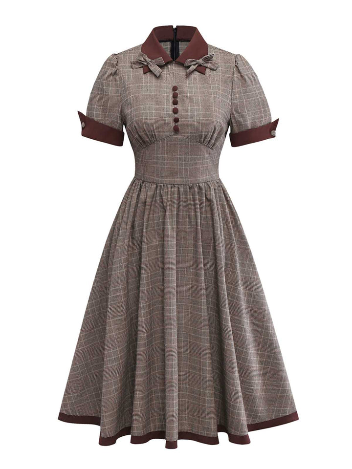 Brown 1950s Lapel Plaid Bow Dress - vintage dress, retro fashion, rockabilly