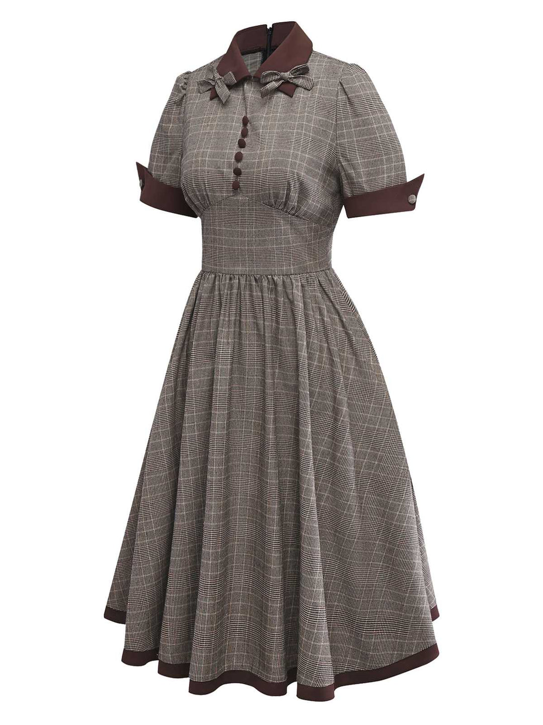 Brown 1950s Lapel Plaid Bow Dress - vintage dress, retro fashion, rockabilly