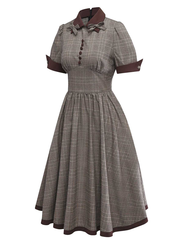 Brown 1950s Lapel Plaid Bow Dress - vintage dress, retro fashion, rockabilly