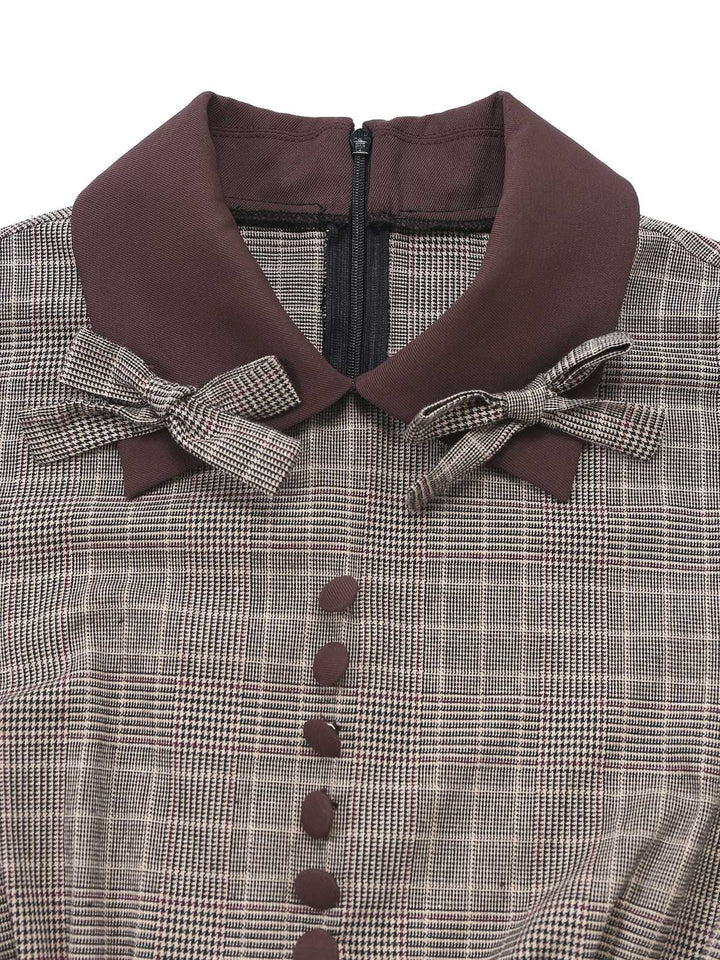 Brown 1950s Lapel Plaid Bow Dress - vintage dress, retro fashion, rockabilly