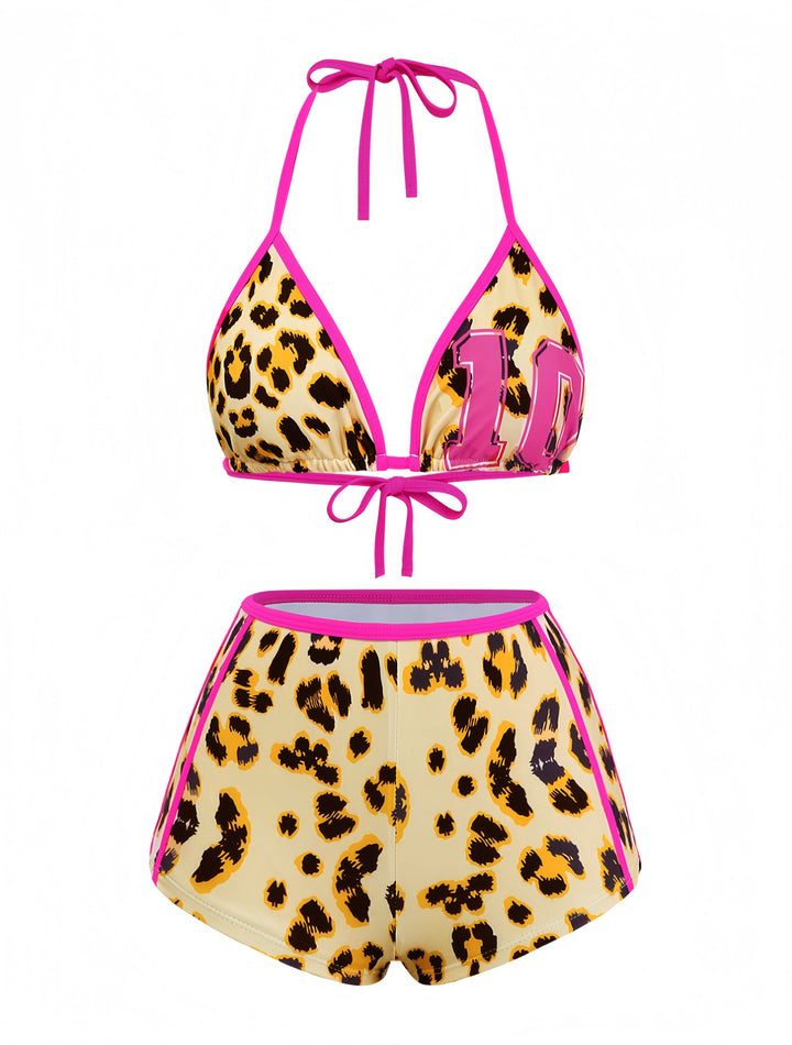 Brown 1950s Leopard Halter Colorblock Tankini Set, vintage fashion, retro style - perfect for women who love vintage and retro fashion