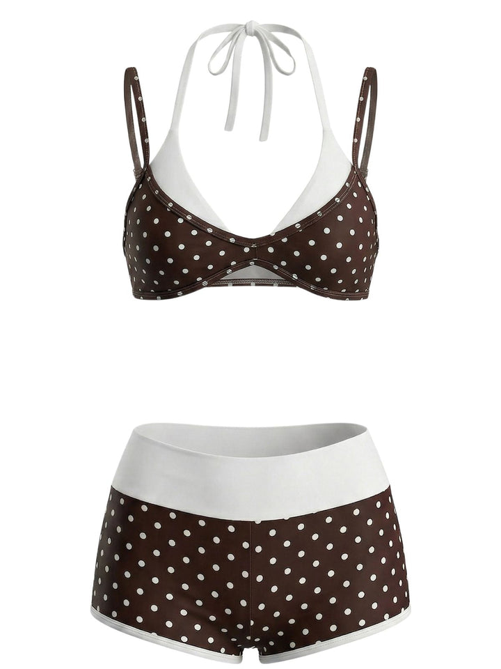Brown--Polka-Dot-Double-Layer-Swimsuit, vintage, retro, swimwear