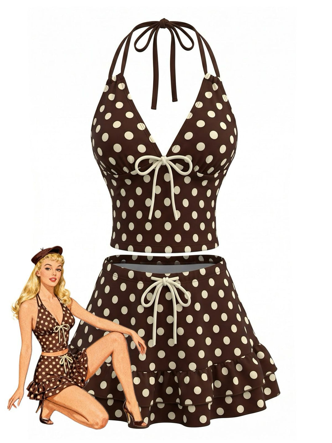 Brown--Polka-Dot-Halter-Ruffle-Swimsuit, vintage, retro, swimwear