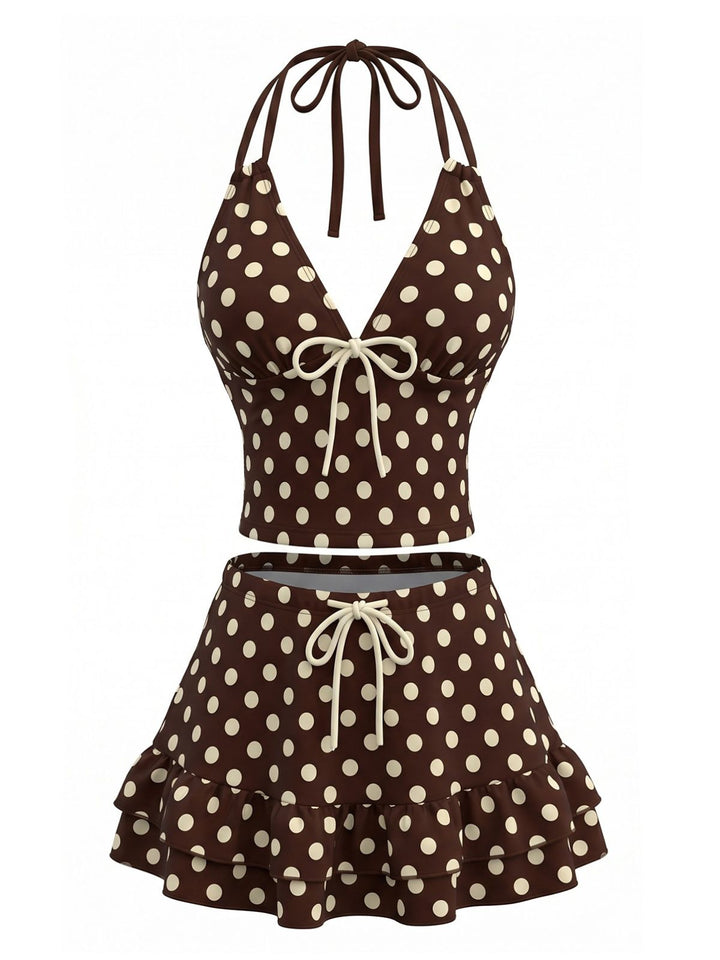 Brown--Polka-Dot-Halter-Ruffle-Swimsuit, vintage, retro, swimwear