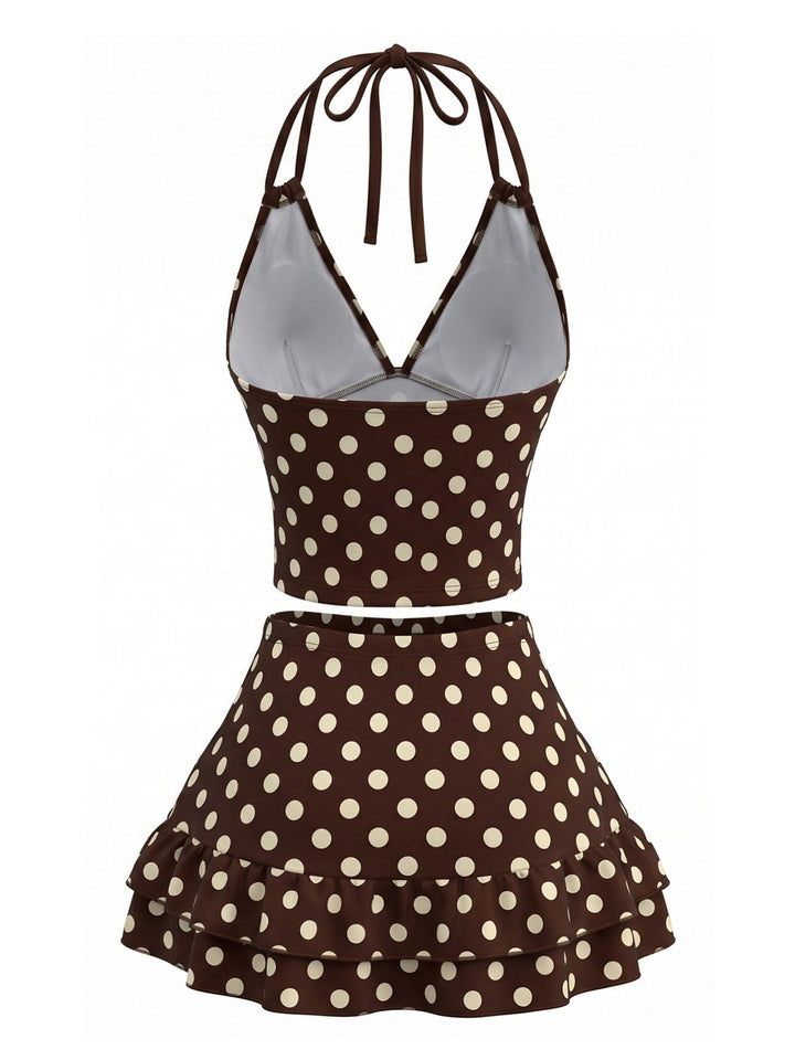 Brown--Polka-Dot-Halter-Ruffle-Swimsuit, vintage, retro, swimwear