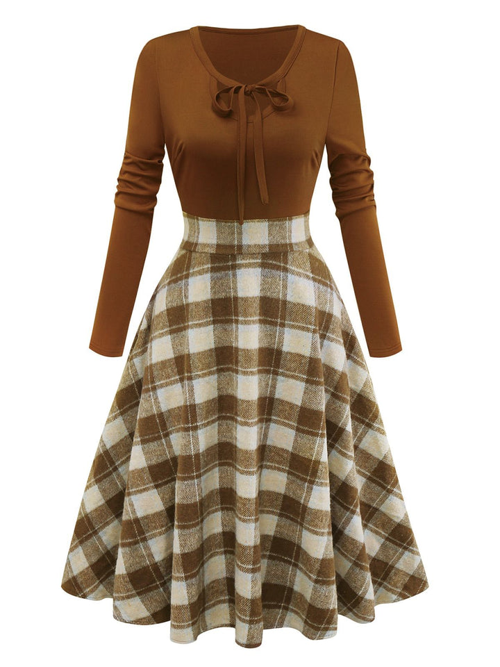 Brown 1950s Tie-Neck Knit Plaid Dress - vintage dress, retro fashion, rockabilly