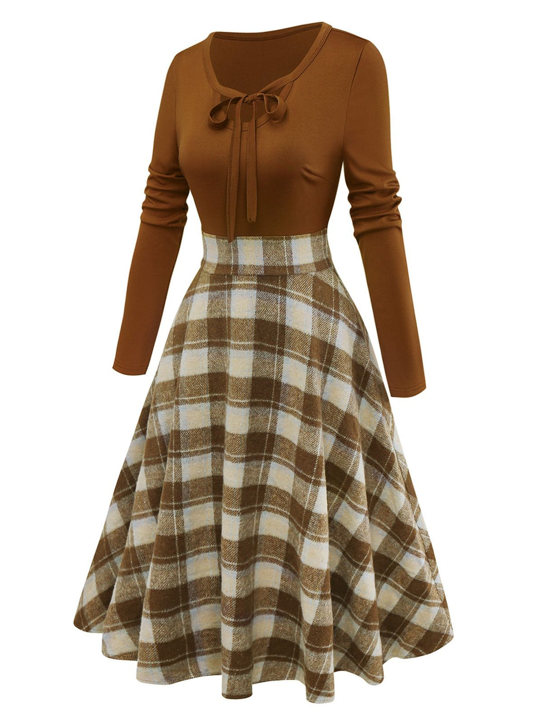 Brown 1950s Tie-Neck Knit Plaid Dress - vintage dress, retro fashion, rockabilly