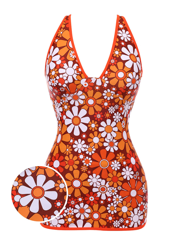Brown 1960s Bohemian Psychedelic Floral One-Piece Swimsuit, classic vintage style summer beach collection - Image 1