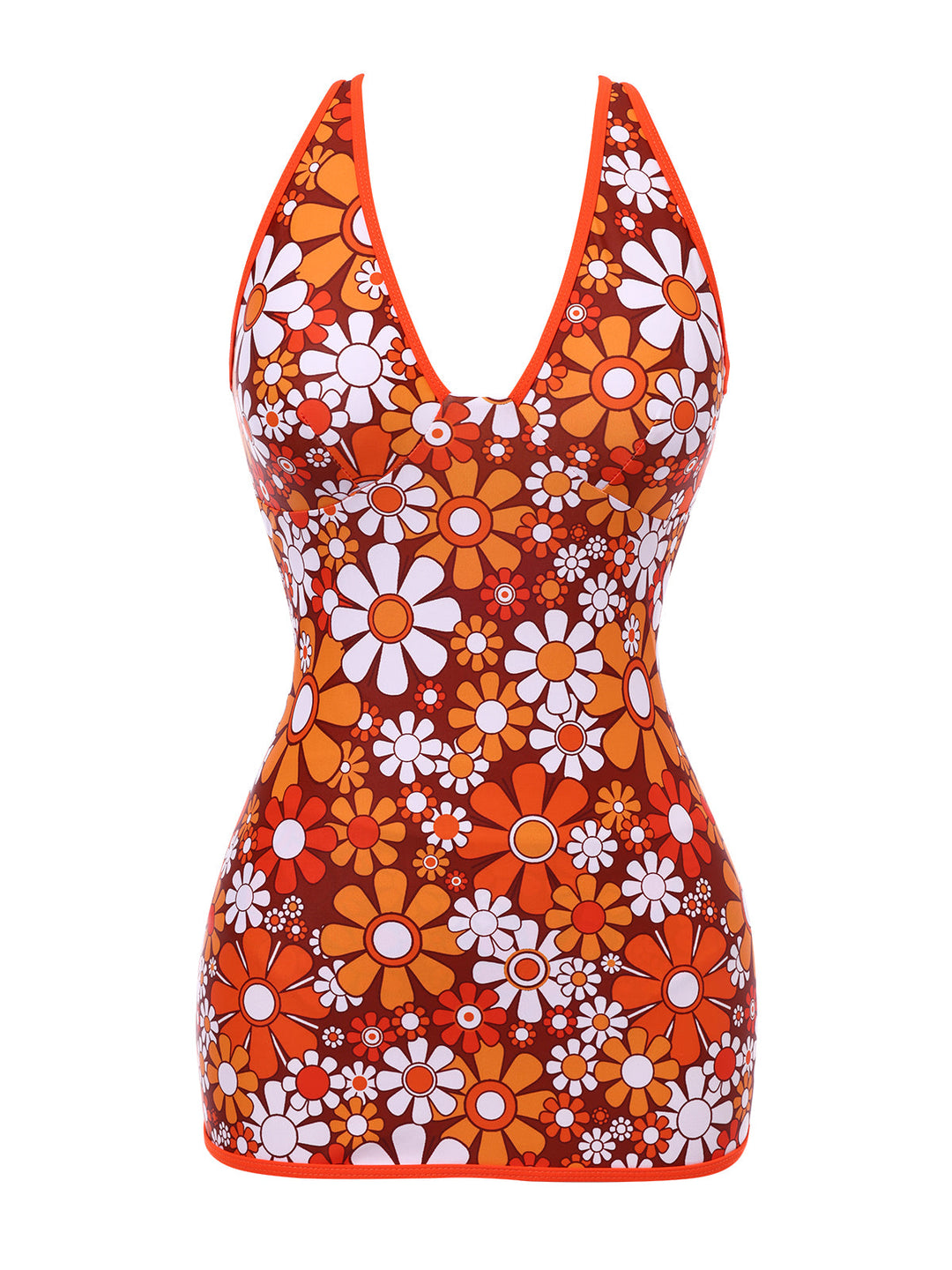 Brown 1960s Bohemian Psychedelic Floral One-Piece Swimsuit, classic vintage style summer beach collection - Image 2