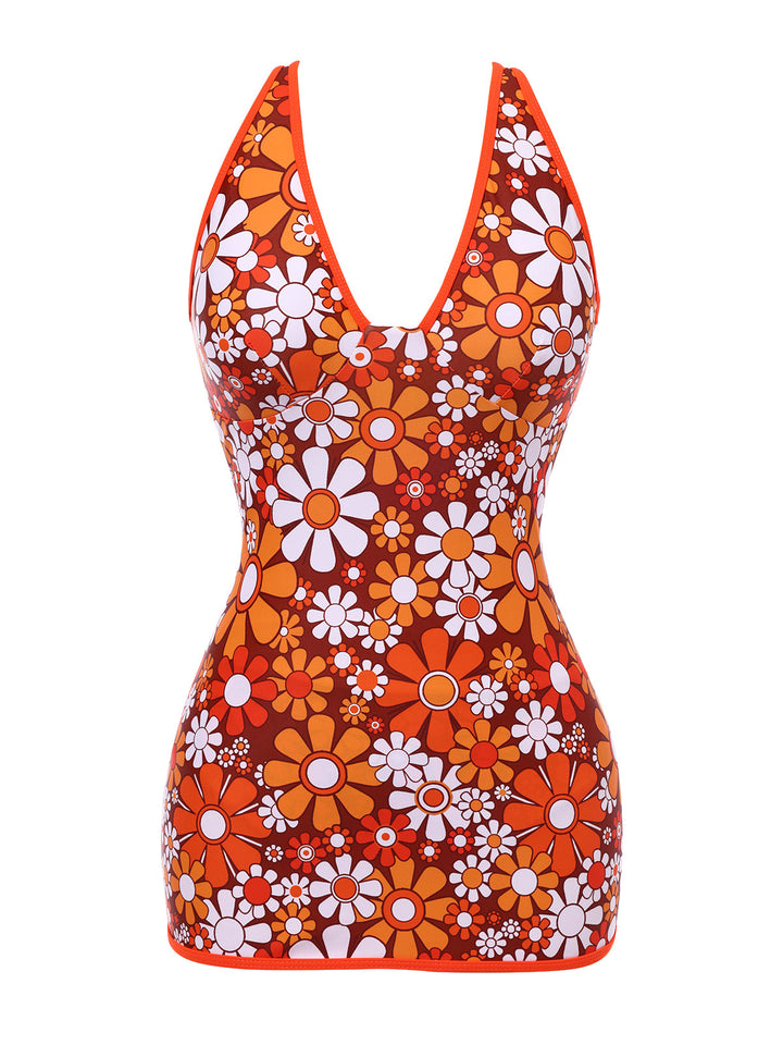Brown 1960s Bohemian Psychedelic Floral One-Piece Swimsuit, classic vintage style summer beach collection - Image 2