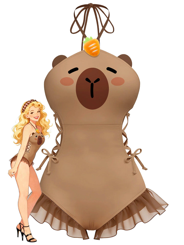 Brown 1960s Capybara Print Lace-Up Swimsuit - vintage swimsuit, pin-up style