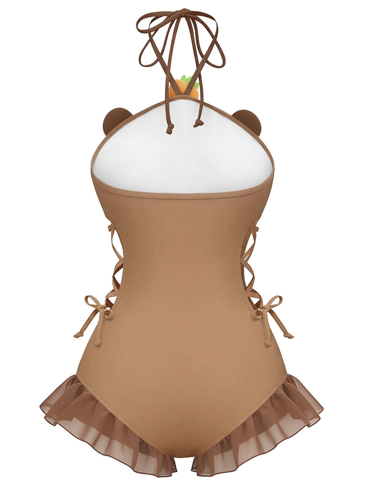 Brown 1960s Capybara Print Lace-Up Swimsuit - vintage swimsuit, pin-up style
