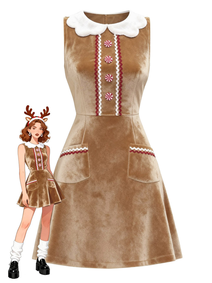Brown 1960s Christmas Gingerbread Velvet Dress - vintage dress, fashion