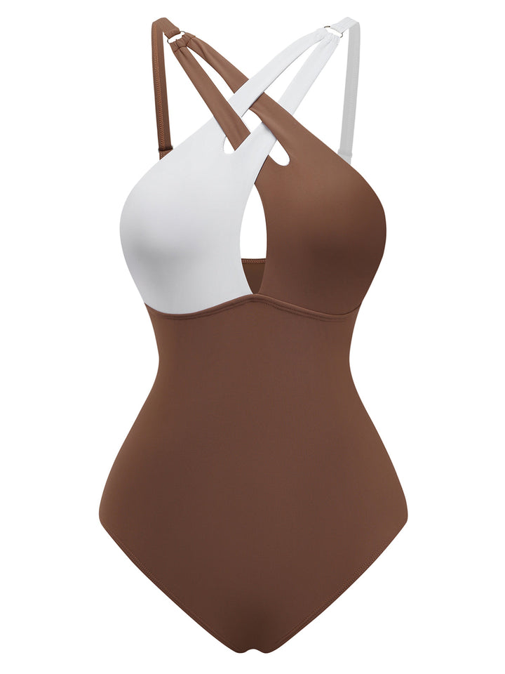 Brown Color Block Cross Front Tankini Swimsuit, vintage swimsuit, swimwear - perfect for women who love vintage and retro fashion