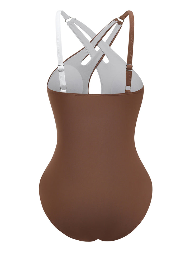Brown Color Block Cross Front Tankini Swimsuit, vintage swimsuit, swimwear - perfect for women who love vintage and retro fashion