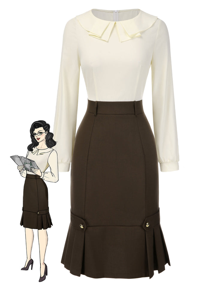 Brown 1960s Contrast Collar Long Sleeve Pencil Dress, vintage dress, retro fashion - perfect for women who love vintage and retro fashion