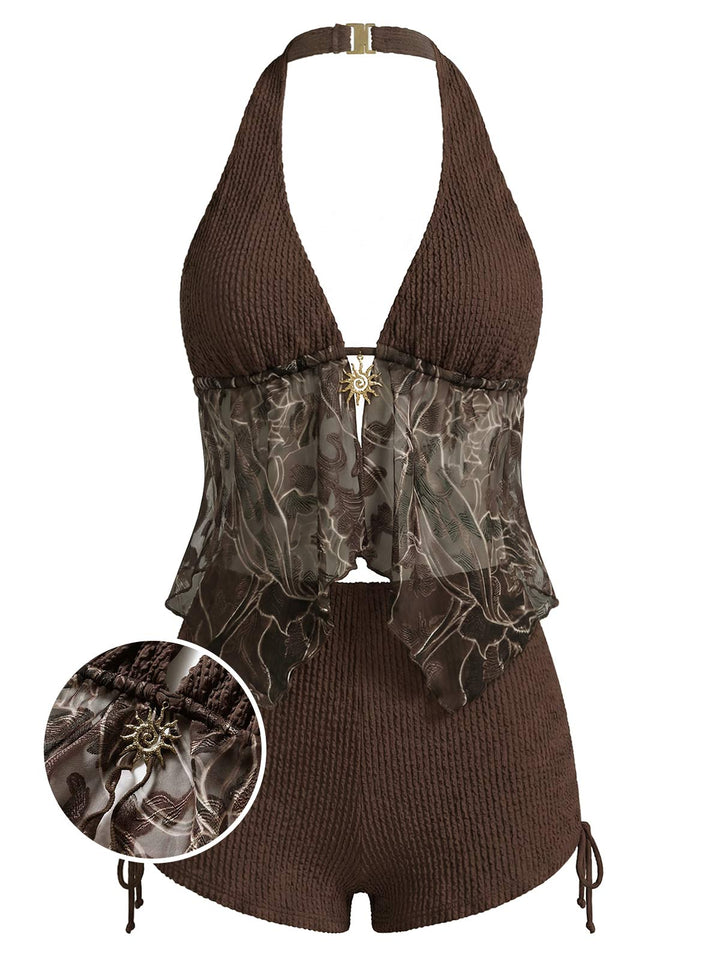 Brown--Halter-Sheer-Embroidered-Mesh-Tankini-Set, vintage, retro, swimwear