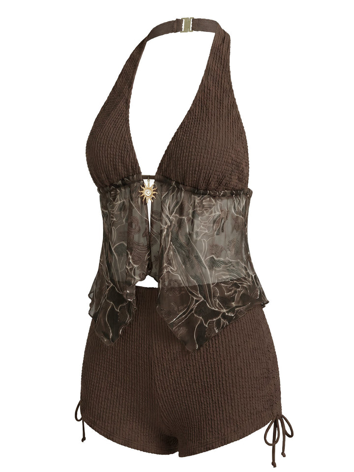 Brown--Halter-Sheer-Embroidered-Mesh-Tankini-Set, vintage, retro, swimwear