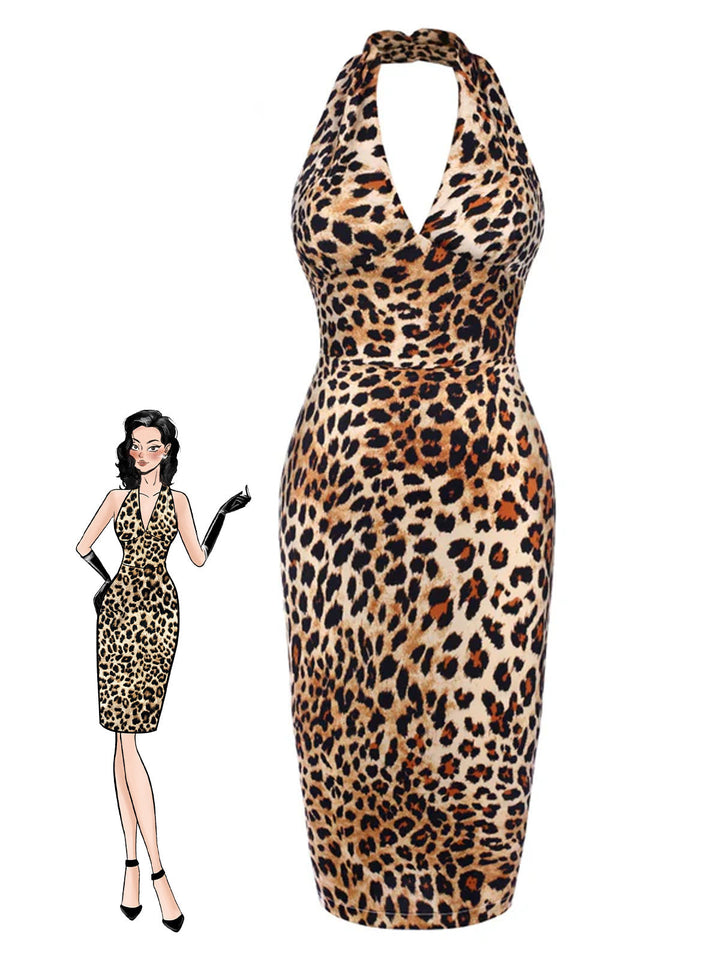 She slips into this Brown 1960s Halter V-Neck Leopard Dress and suddenly it&
