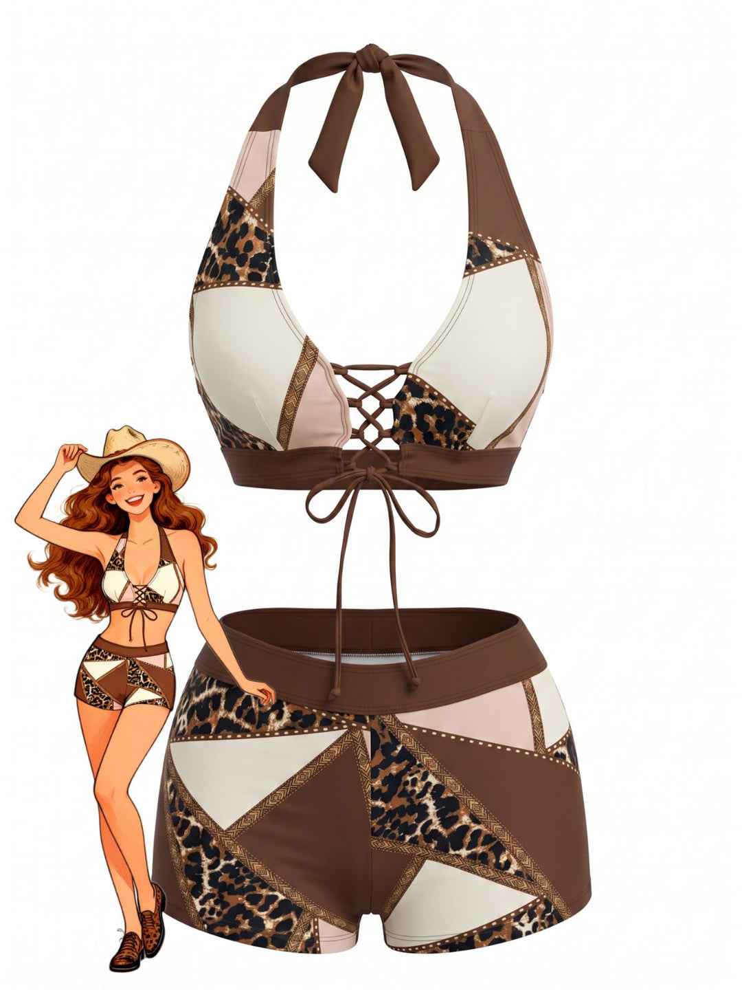 Brown Leopard Western Tankini Swimsuit, vintage swimsuit, swimwear - perfect for women who love vintage and retro fashion