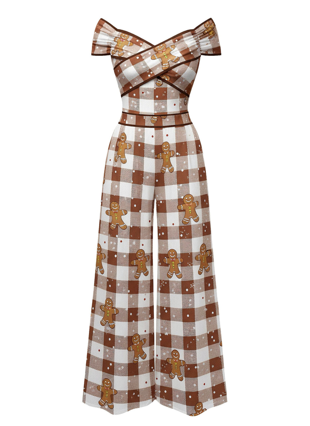 Brown 1960s Off-Shoulder Gingerbread Jumpsuit - vintage jumpsuit, retro fashion