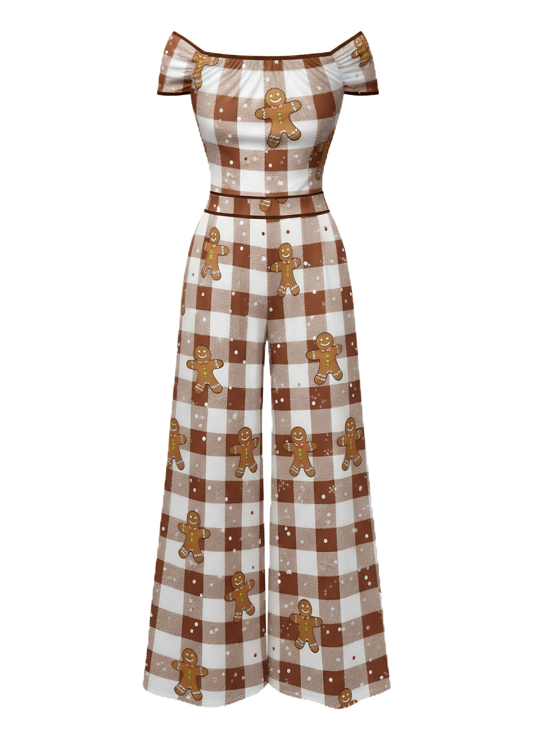Brown 1960s Off-Shoulder Gingerbread Jumpsuit - vintage jumpsuit, retro fashion