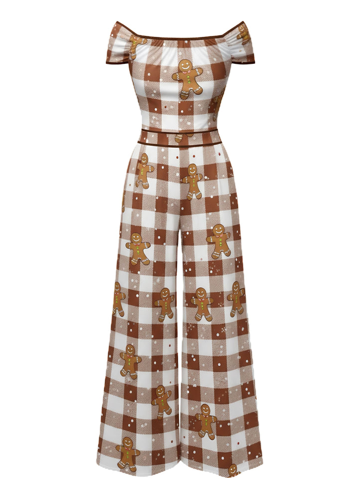 Brown 1960s Off-Shoulder Gingerbread Jumpsuit - vintage jumpsuit, retro fashion