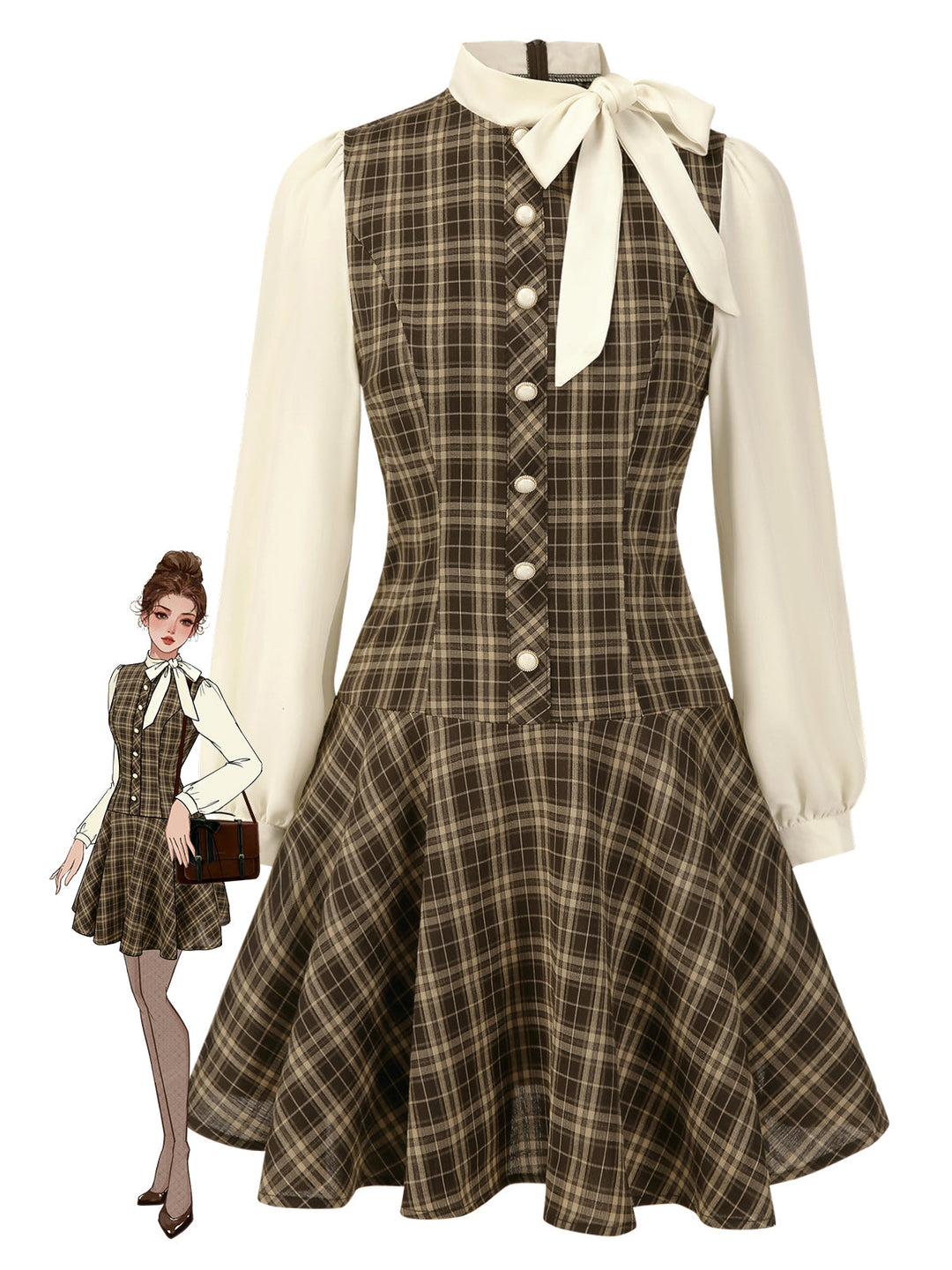 Brown 1960s Plaid Bow Tie Button Swing Dress - vintage dress, retro fashion, rockabilly