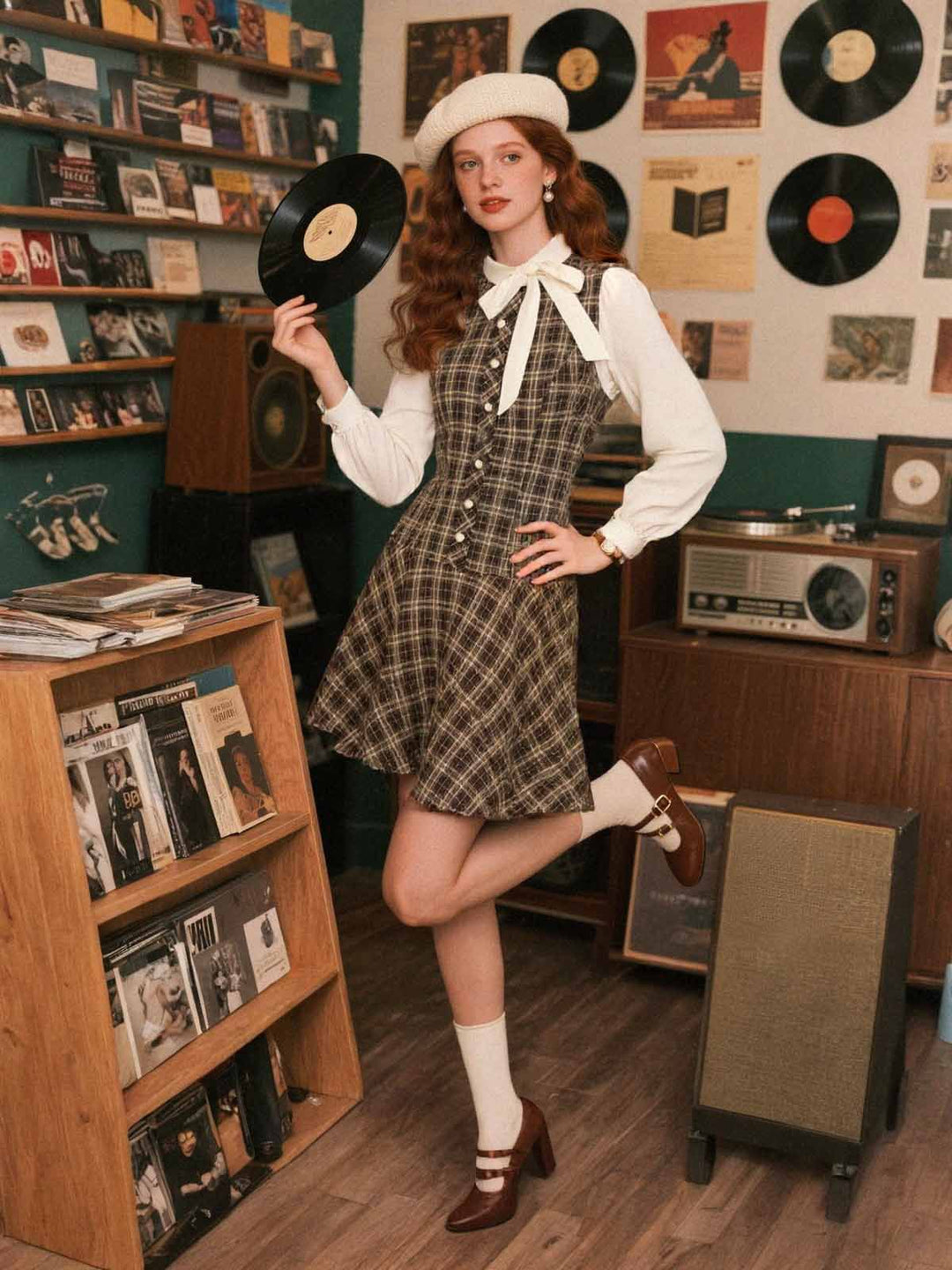 Brown 1960s Plaid Bow Tie Button Swing Dress - vintage dress, retro fashion, rockabilly