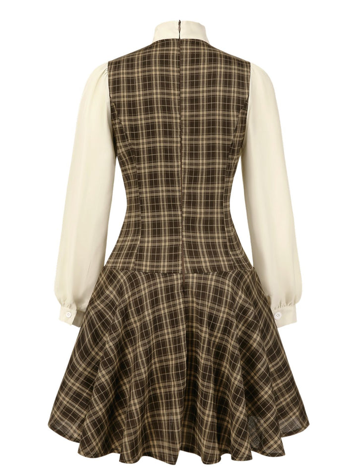 Brown 1960s Plaid Bow Tie Button Swing Dress, vintage dress, retro fashion, rockabilly, pin-up fashion - perfect for women who love vintage and retro fashion