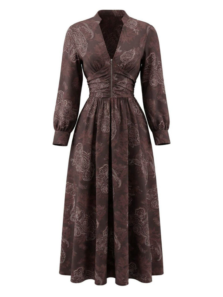 Brown 1970s Boho Paisley Stand V-Neck Smocked Dress - vintage dress, retro fashion