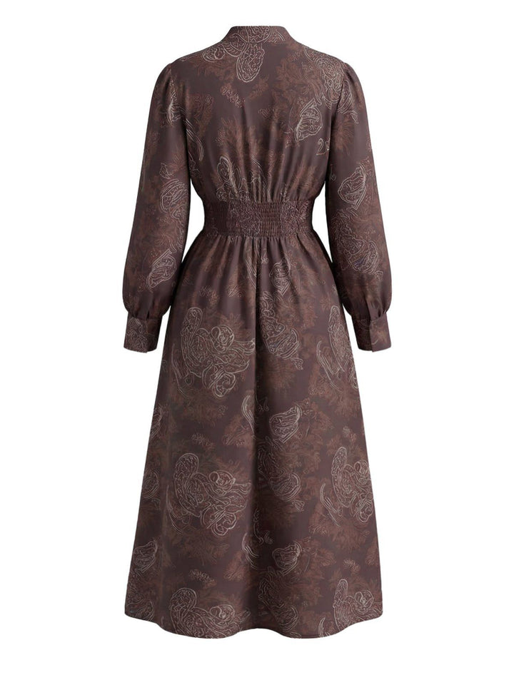 Brown 1970s Boho Paisley Stand V-Neck Smocked Dress - vintage dress, retro fashion