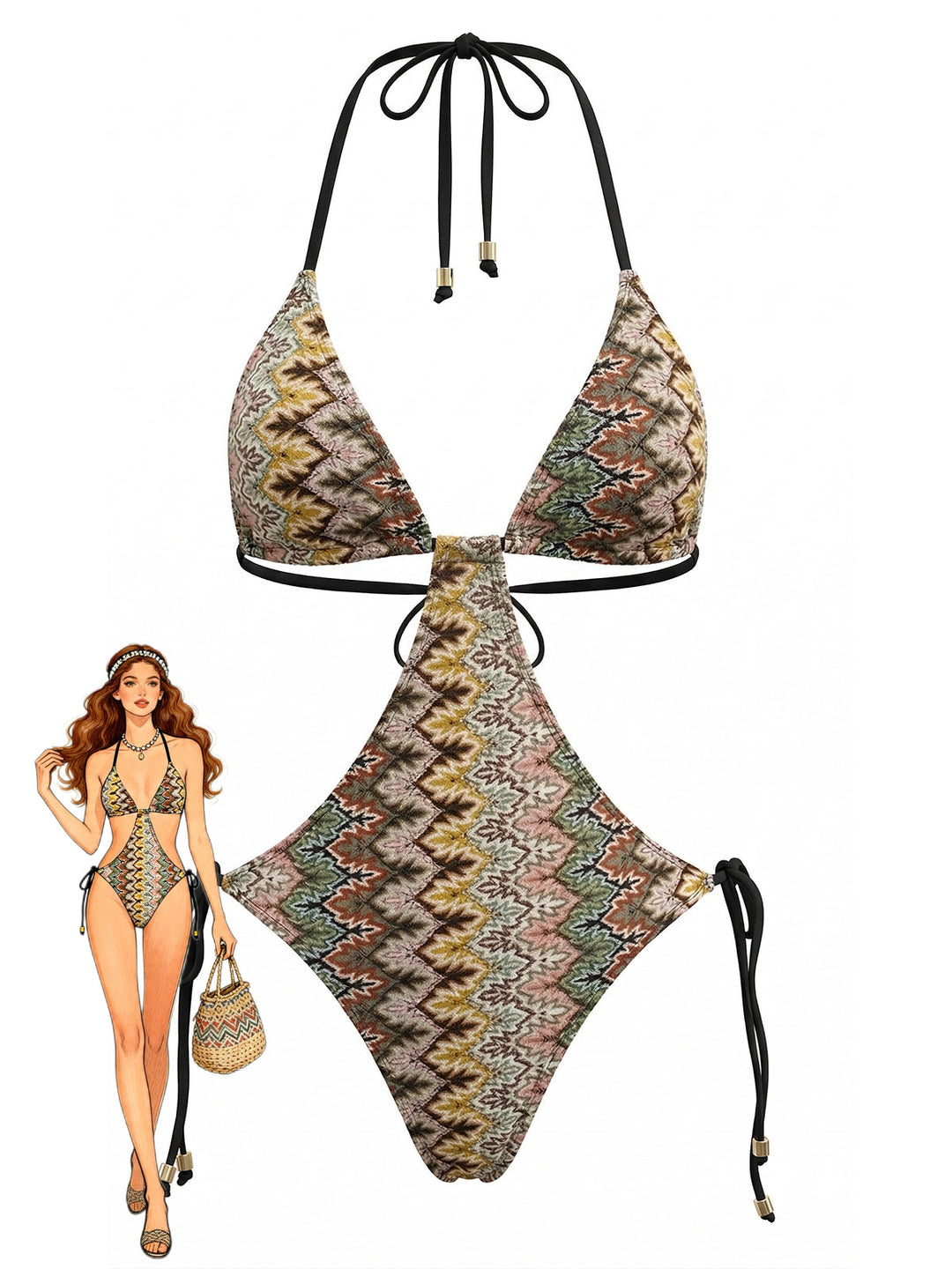 Brown Boho Chevron Print Ruched One-Piece Swimsuit - vintage swimsuit, swimwear for vintage lovers