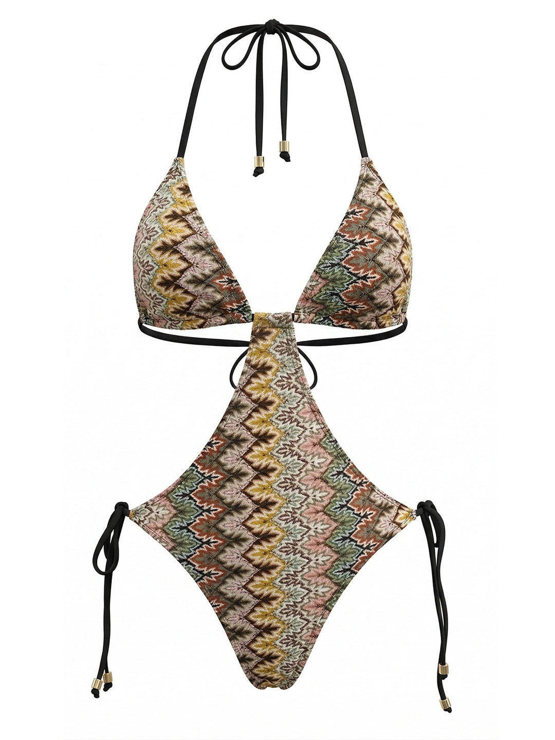 Brown Boho Chevron Print Ruched One-Piece Swimsuit - vintage swimsuit, swimwear for vintage lovers