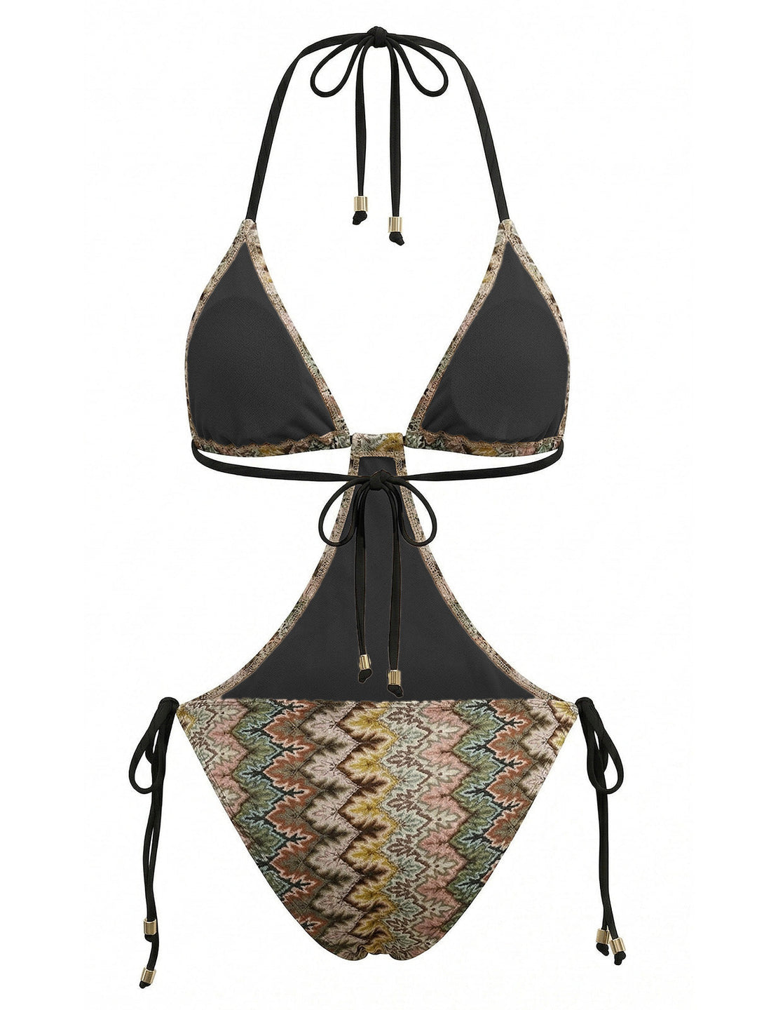 Brown Boho Chevron Print Ruched One-Piece Swimsuit - vintage swimsuit, swimwear for vintage lovers