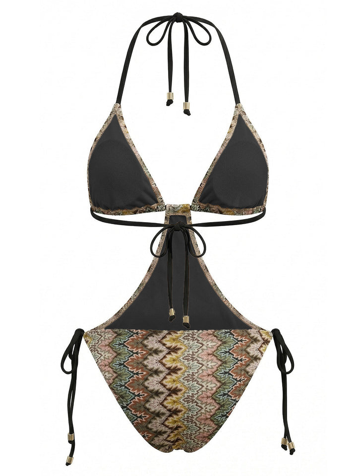 Brown Boho Chevron Print Ruched One-Piece Swimsuit - vintage swimsuit, swimwear for vintage lovers
