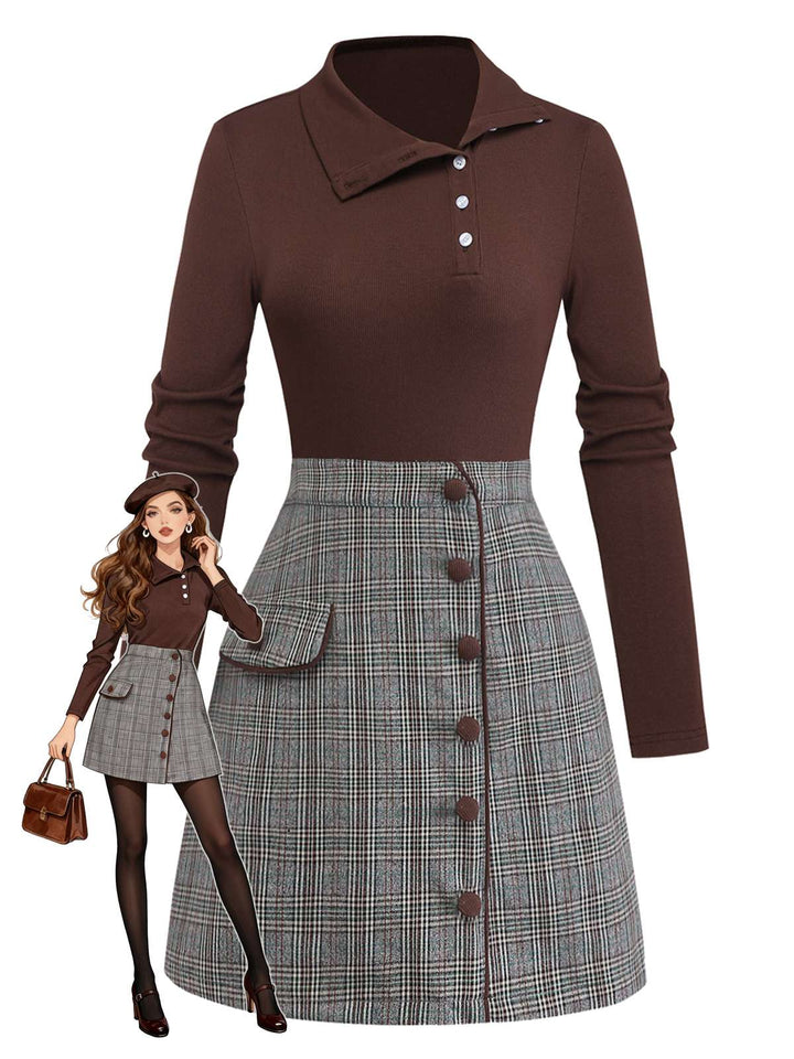 Brown 1970s Knitted Plaid Asymmetrical Neck Dress - vintage dress, retro fashion