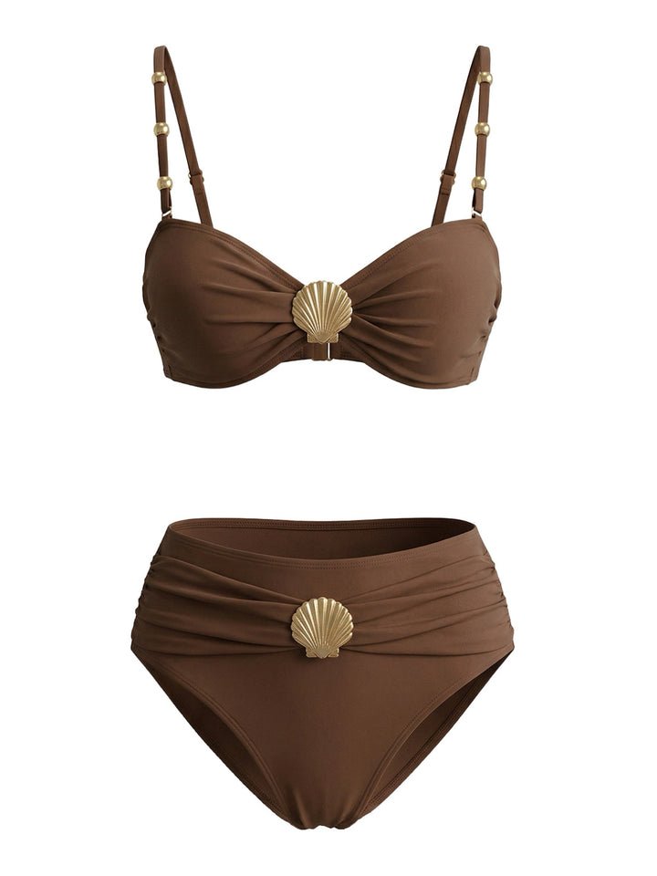 Brown 1970s Metal Shell Decor Ruched Bikini Set - vintage fashion, retro style