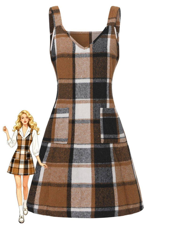 Brown 1970s Plaid V-Neck Pocket Overall Dress - vintage dress, retro fashion