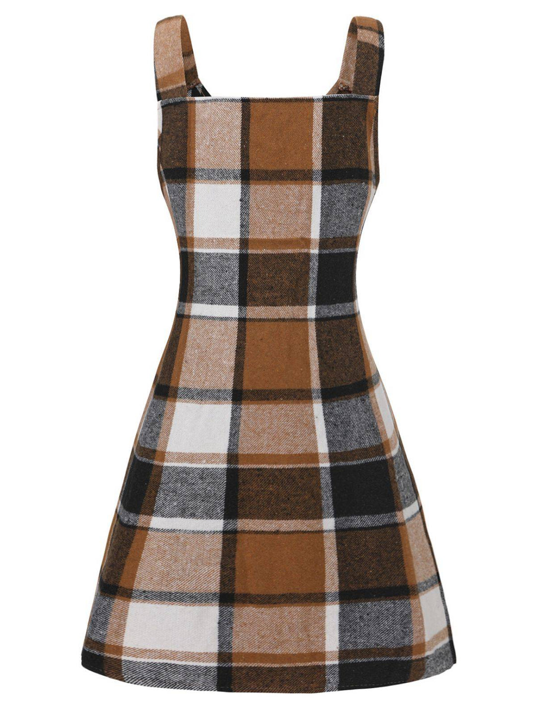 Brown 1970s Plaid V-Neck Pocket Overall Dress - vintage dress, retro fashion