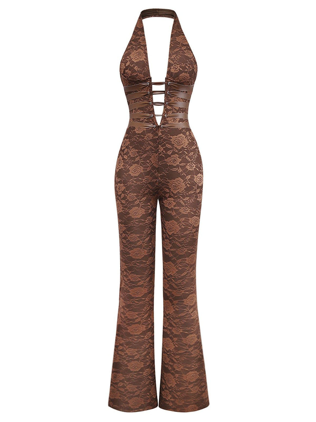 Brown 1970s Solid Lace-Up Floral Lace Jumpsuit - vintage jumpsuit, retro fashion