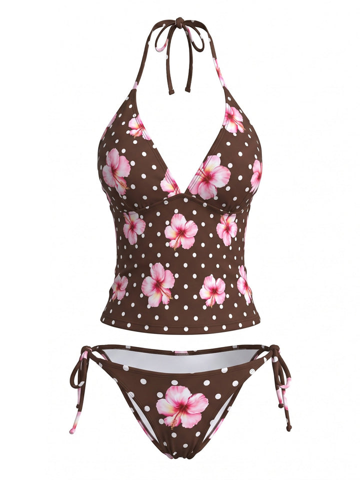 Brown Floral Polka Dot Halter Bikini Set, vintage swimsuit, swimwear - perfect for women who love vintage and retro fashion