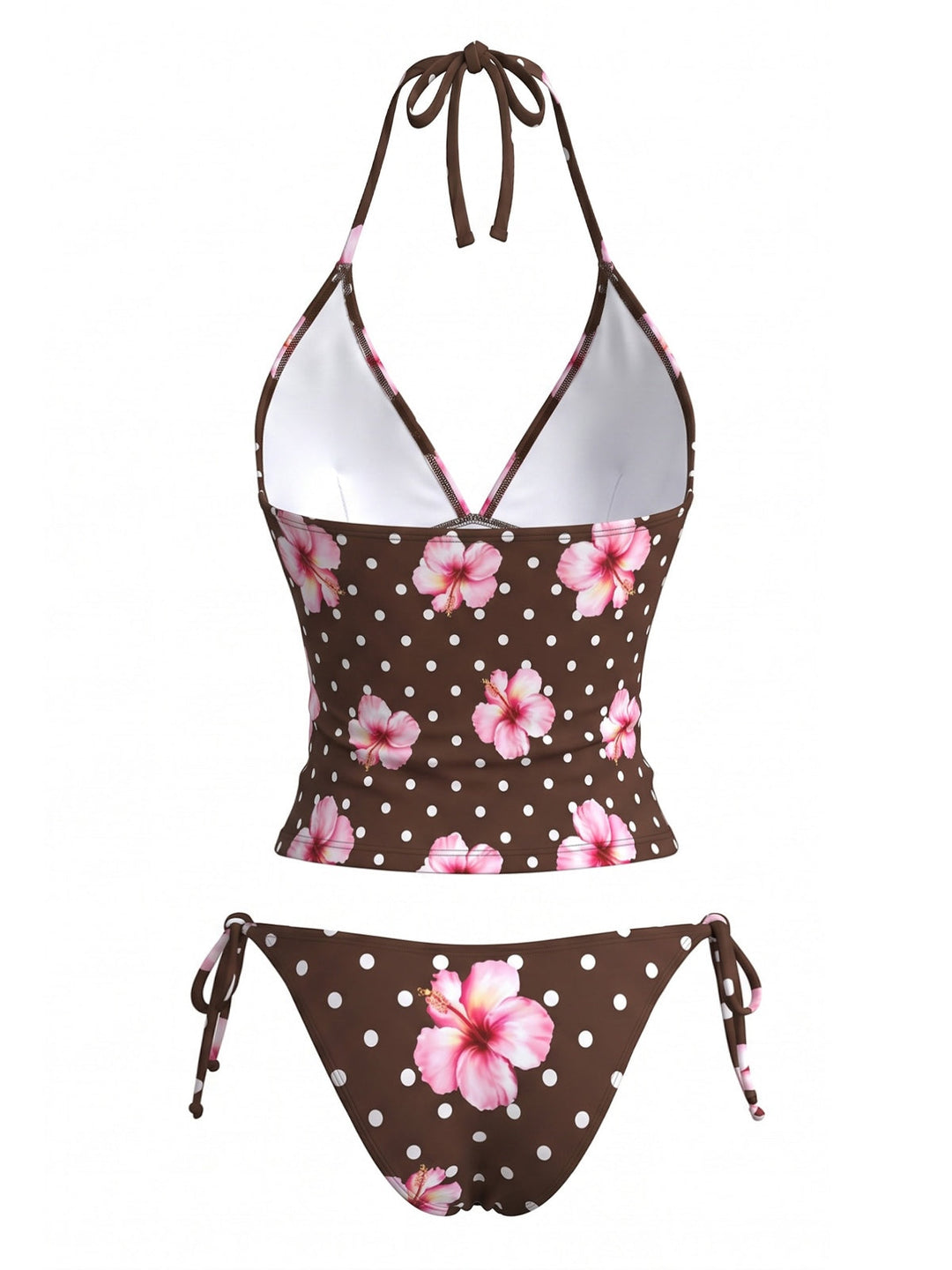 Brown Floral Polka Dot Halter Bikini Set, vintage swimsuit, swimwear - perfect for women who love vintage and retro fashion