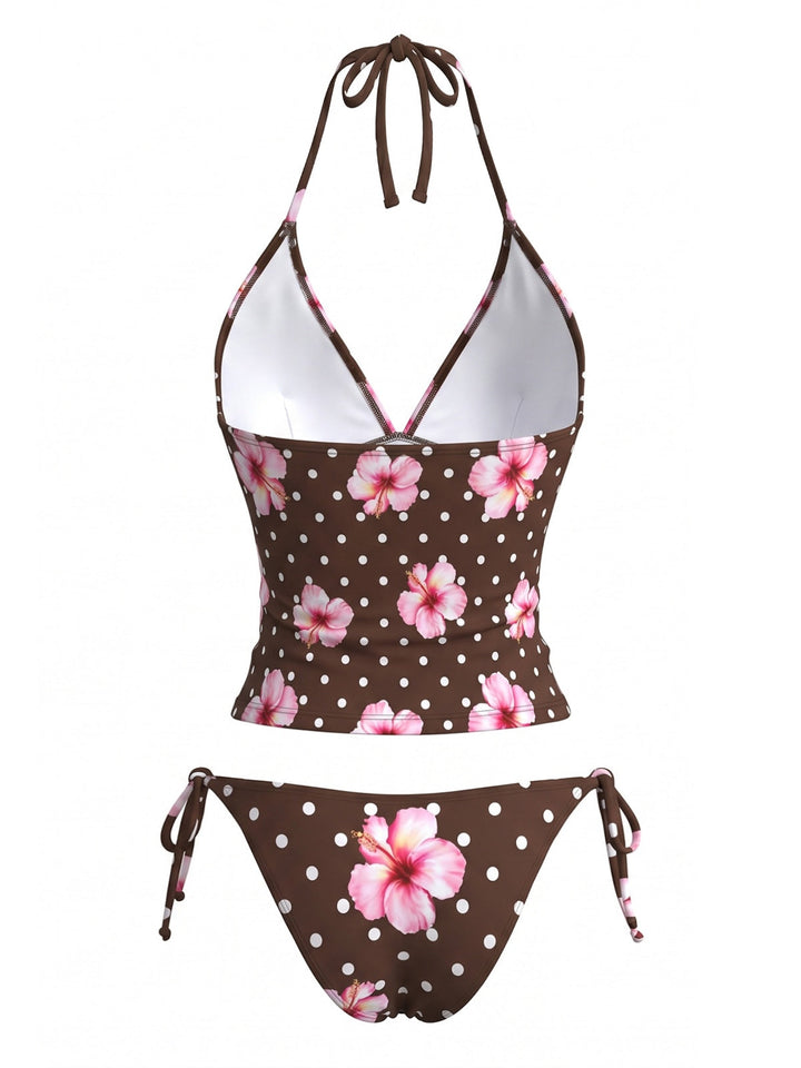 Brown Floral Polka Dot Halter Bikini Set, vintage swimsuit, swimwear - perfect for women who love vintage and retro fashion
