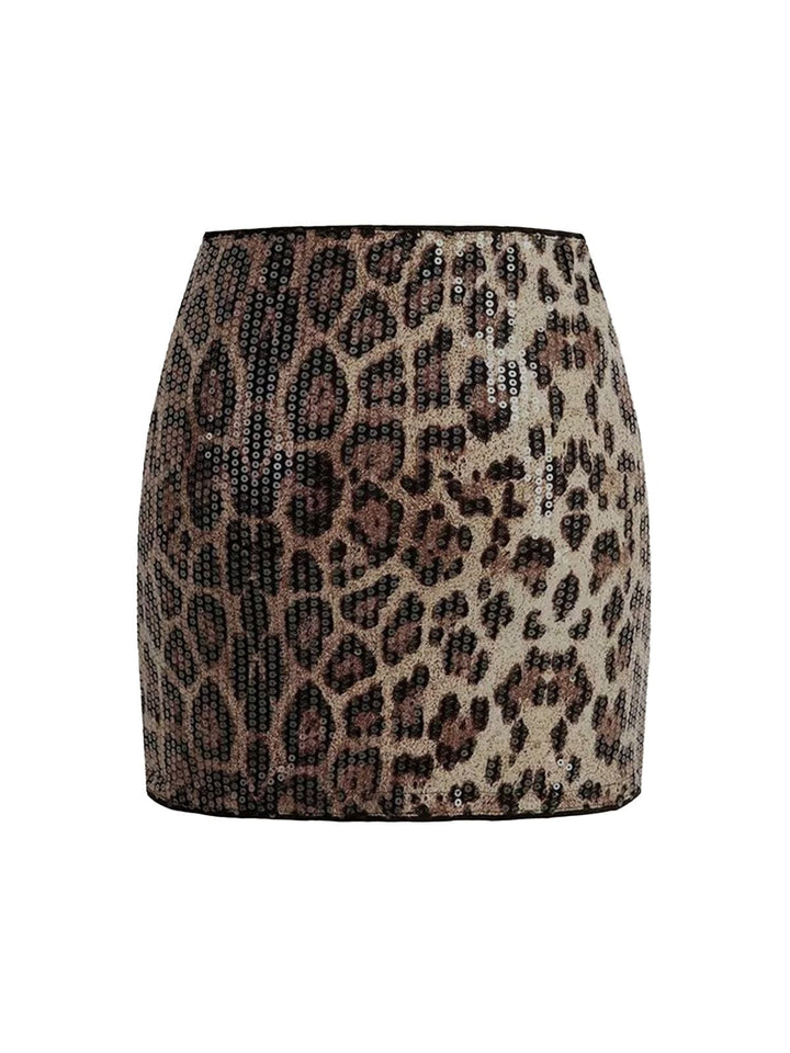 Brown 1980s Leopard Print Sequin Mini Skirt - vintage skirt, retro style