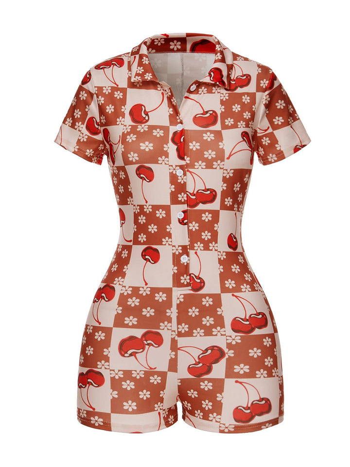 She finds her 1950s story in this Brown &amp; Red 1950s Cherry Checkerboard Lapel Romper